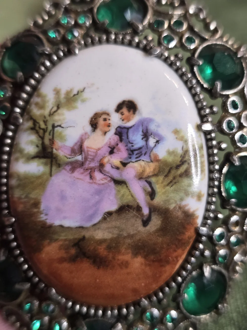H Pomerantz Vintage Green Jeweled Oval Brooch with Romantic Porcelain Scene Rare